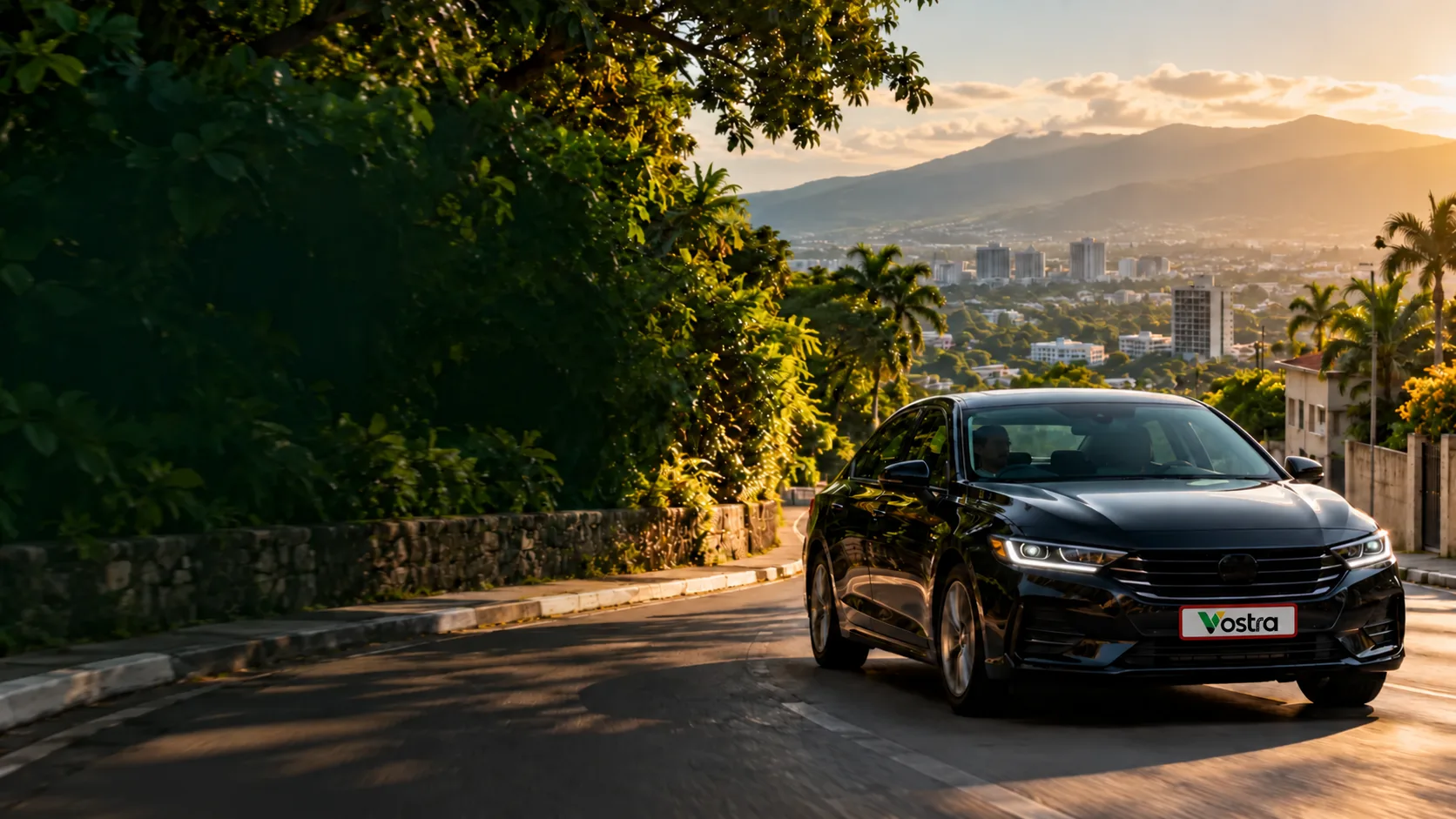 Illustrative Jamaican road scene with a black car and a Vostra plate.